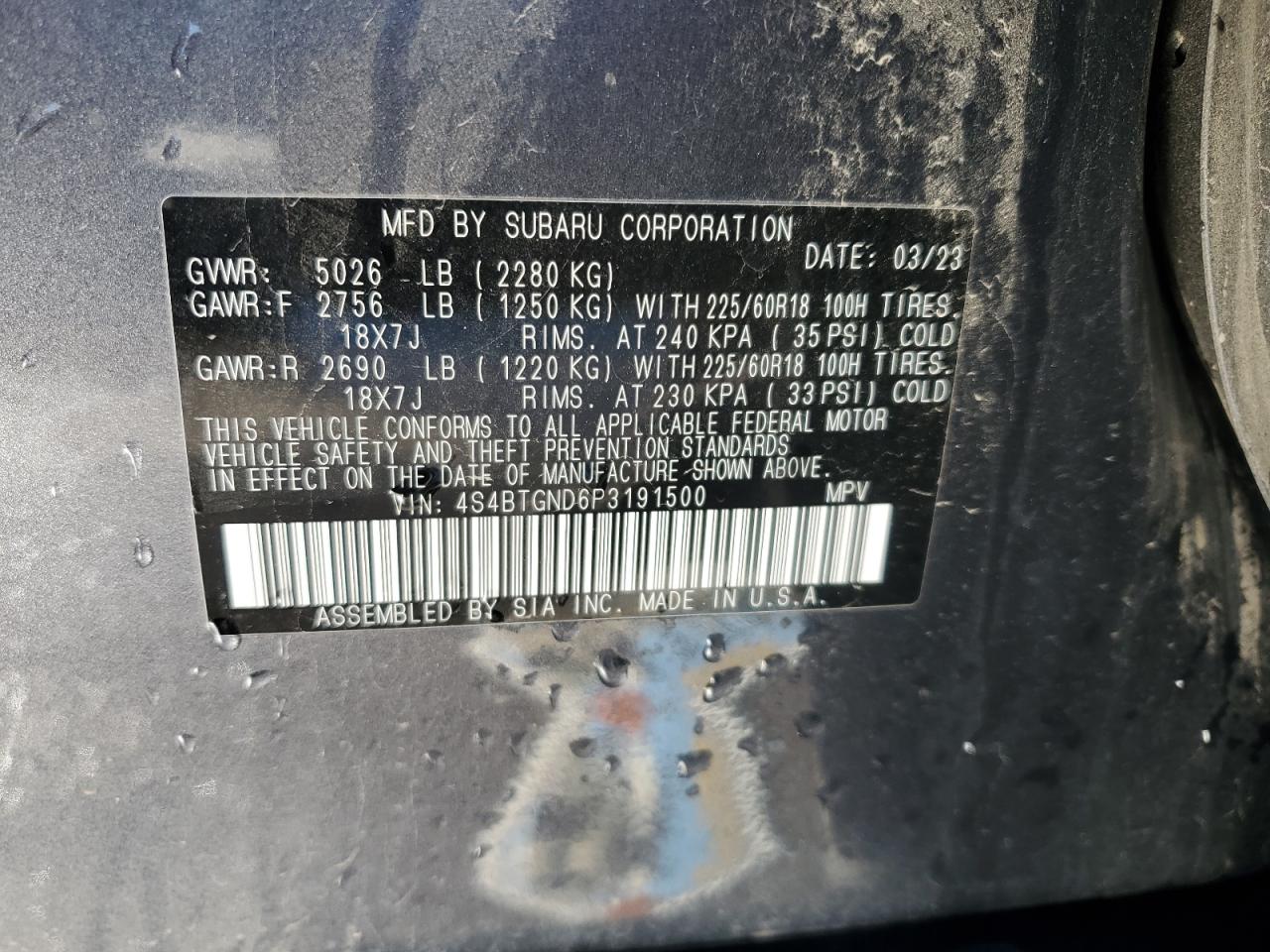 2023 SUBARU OUTBACK LIMITED XT VIN:4S4BTGND6P3191500