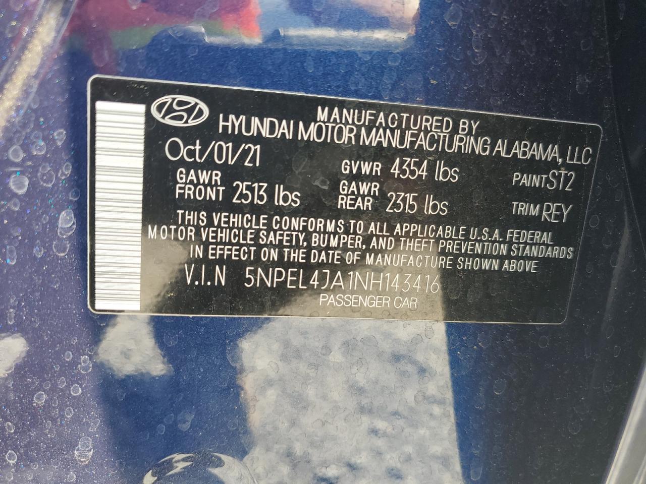 2022 HYUNDAI SONATA SEL VIN:5NPEL4JA1NH143416