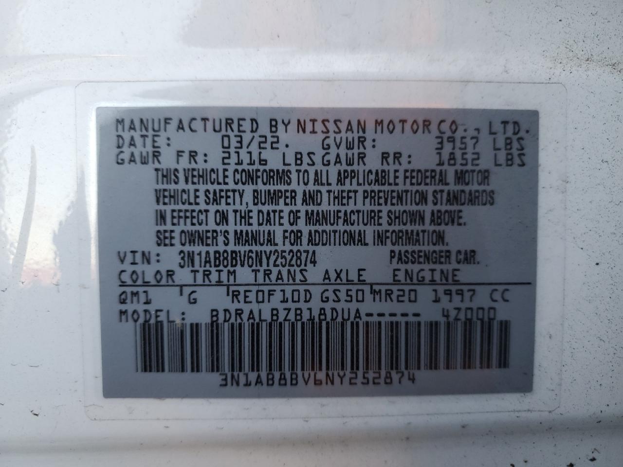 2022 NISSAN SENTRA S VIN:3N1AB8BV6NY252874