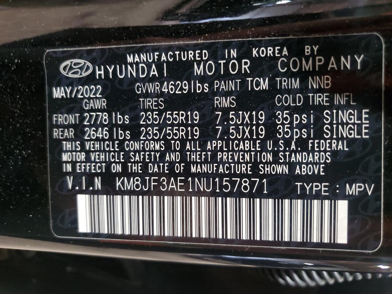 2022 HYUNDAI TUCSON N LINE VIN:KM8JF3AE1NU157871