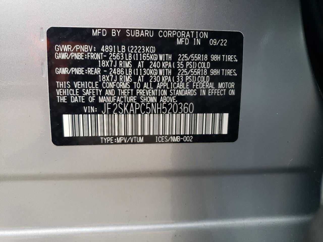 2022 SUBARU FORESTER LIMITED VIN:JF2SKAPC5NH520360