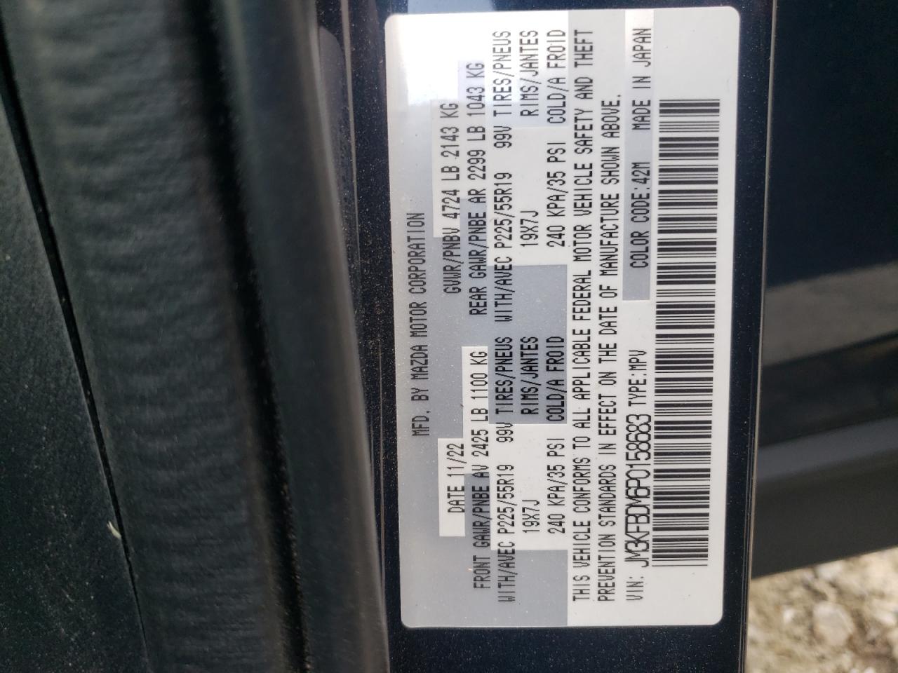 2023 MAZDA CX-5 PREMIUM VIN:JM3KFBDM6P0158683
