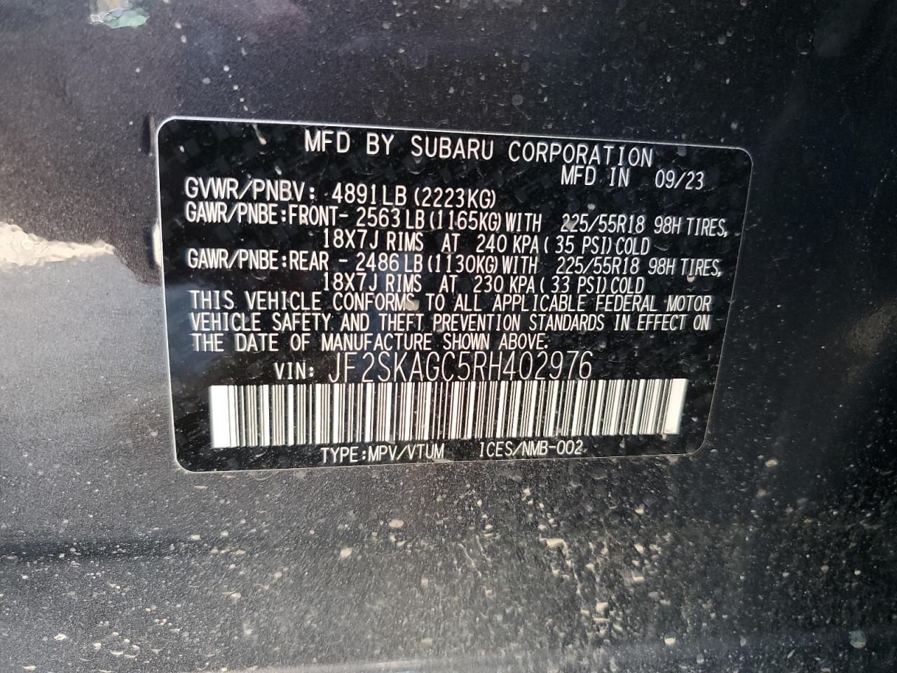 2024 SUBARU FORESTER SPORT VIN:JF2SKAGC5RH402976