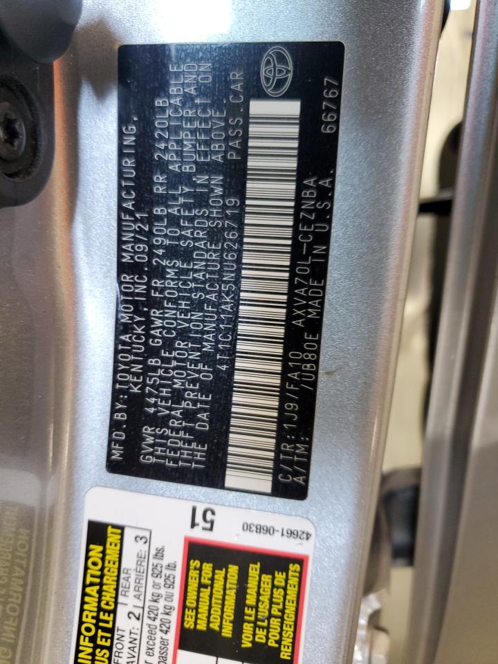 2022 TOYOTA CAMRY LE VIN:4T1C11AK5NU626719