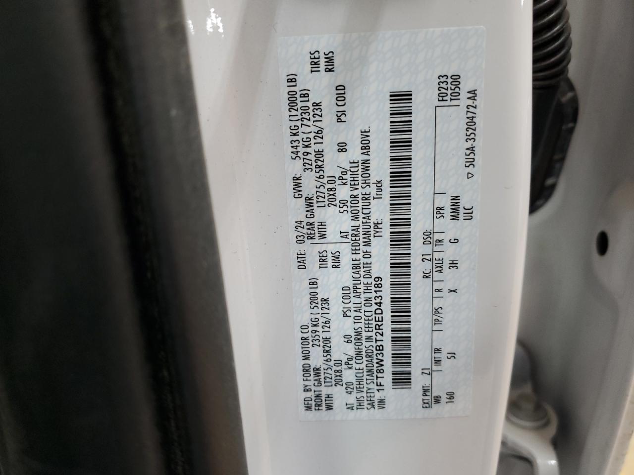 2024 FORD F350 SUPER DUTY VIN:1FT8W3BT2RED43189