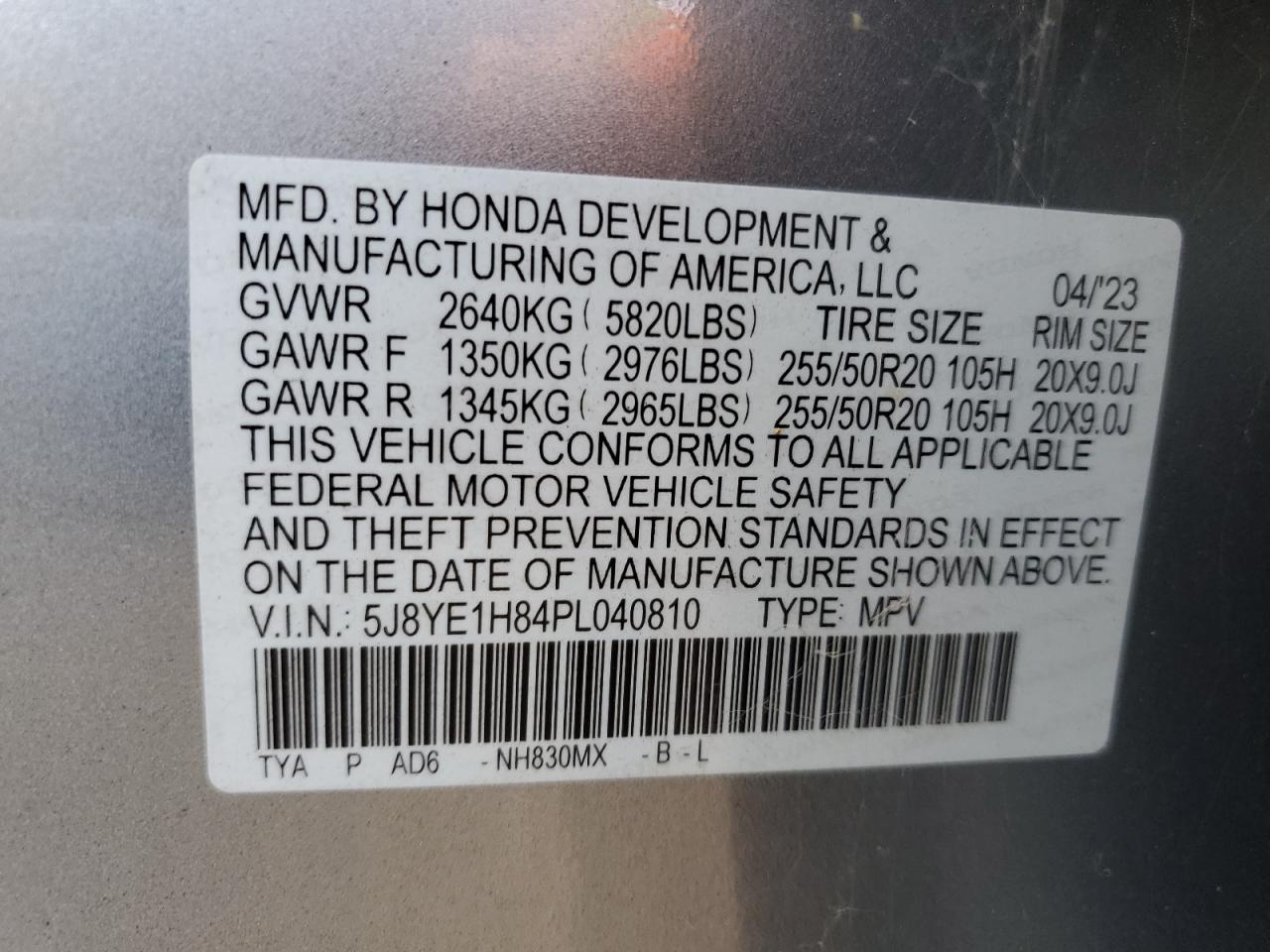 2023 ACURA MDX ADVANCE VIN:5J8YE1H84PL040810
