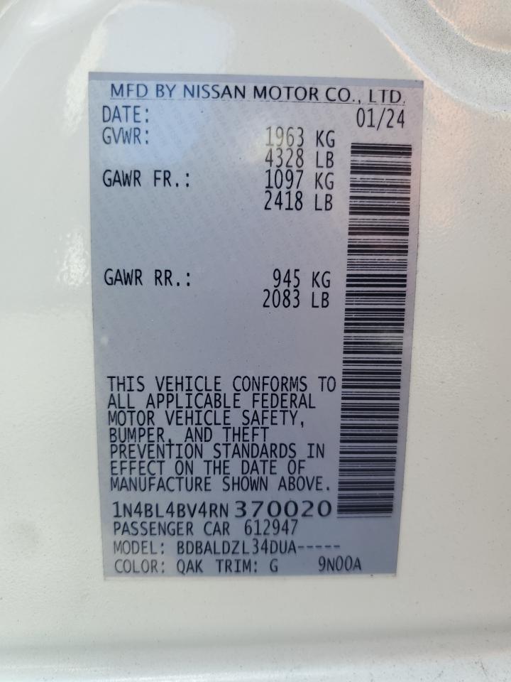 2024 NISSAN ALTIMA S VIN:1N4BL4BV4RN370020