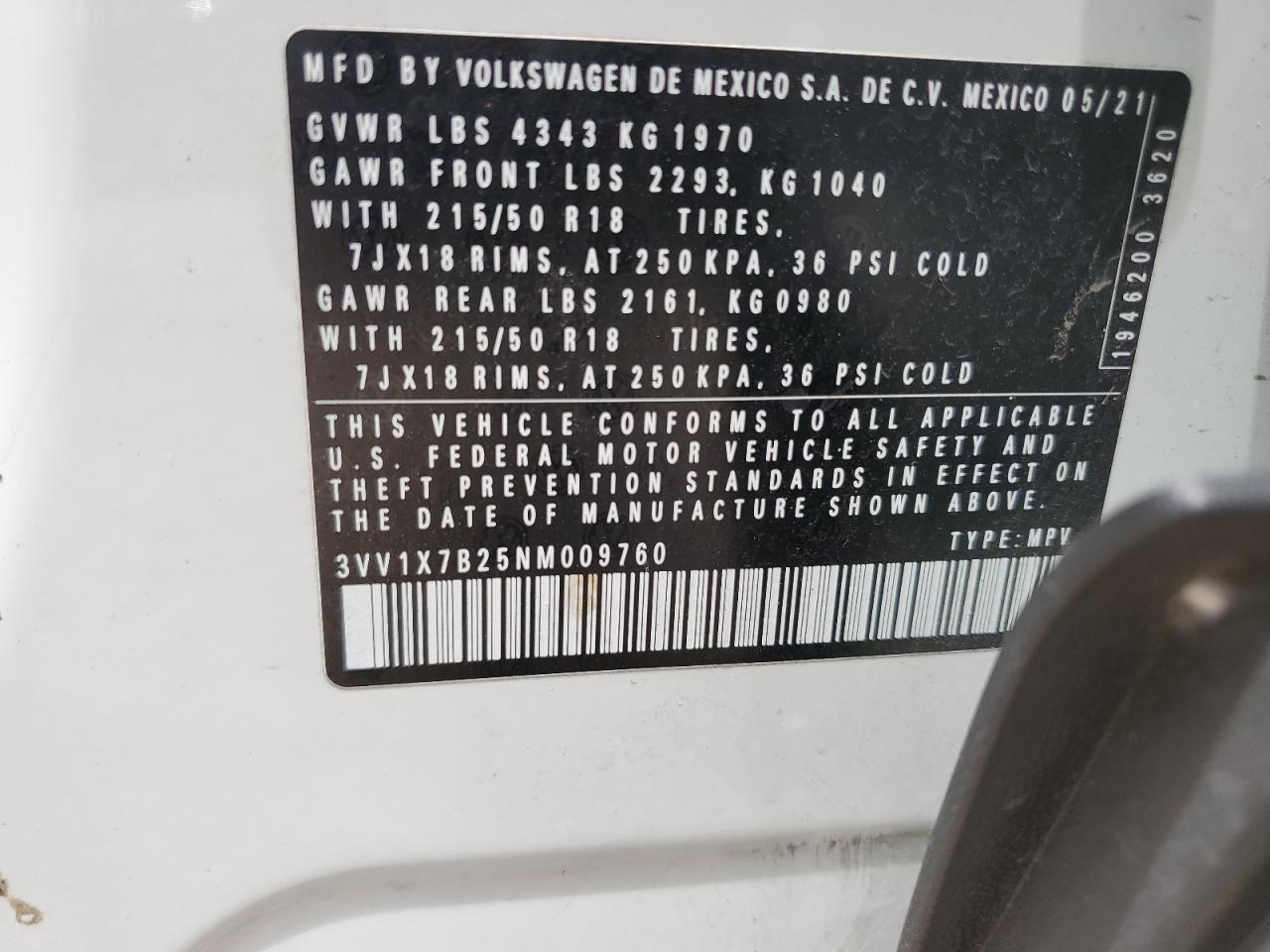 2022 VOLKSWAGEN TAOS SEL VIN:3VV1X7B25NM009760