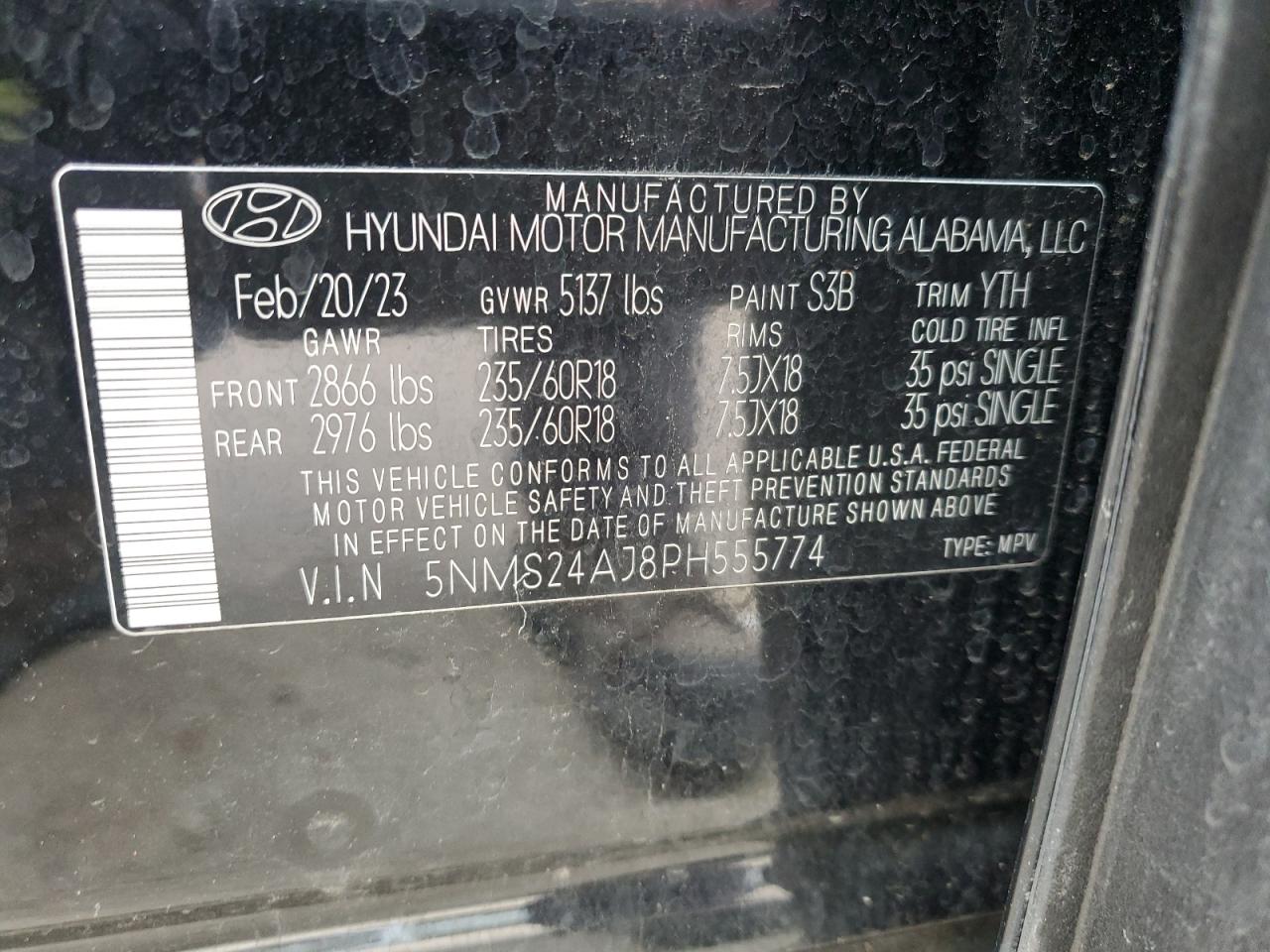2023 HYUNDAI SANTA FE SEL VIN:5NMS24AJ8PH555774