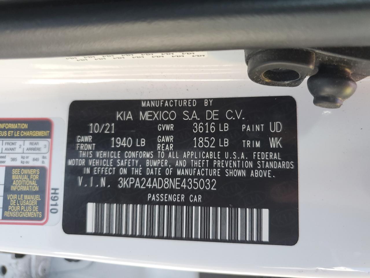 2022 KIA RIO LX VIN:3KPA24AD8NE435032