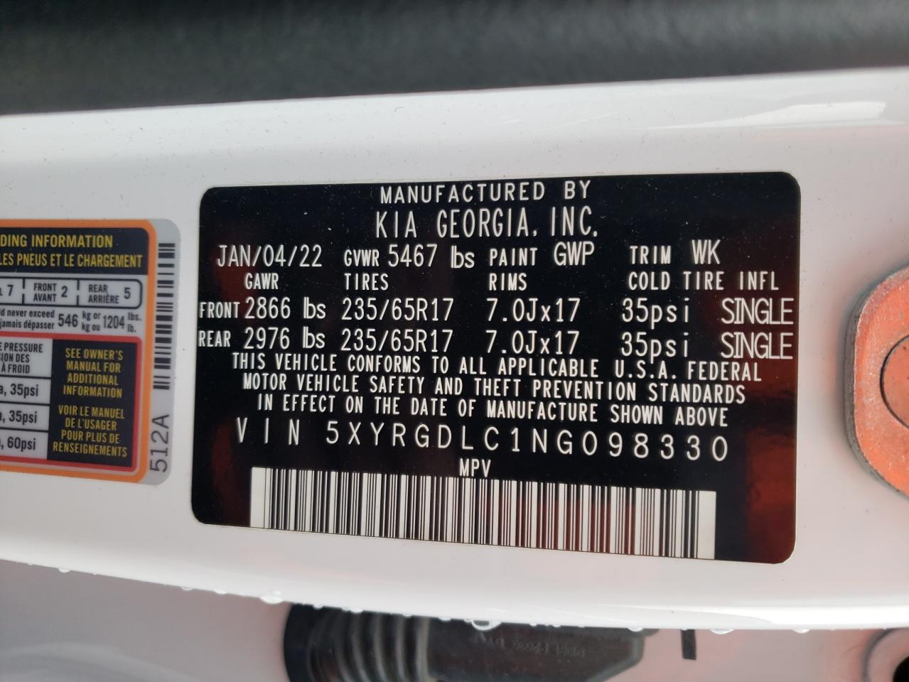 2022 KIA SORENTO LX VIN:5XYRGDLC1NG098330