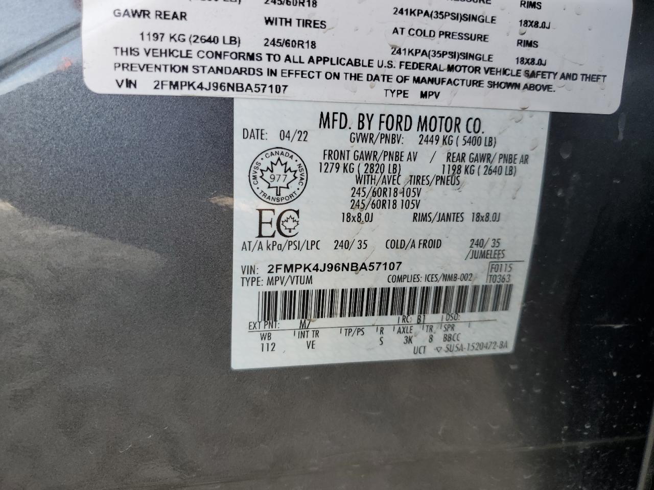 2022 FORD EDGE SEL VIN:2FMPK4J96NBA57107