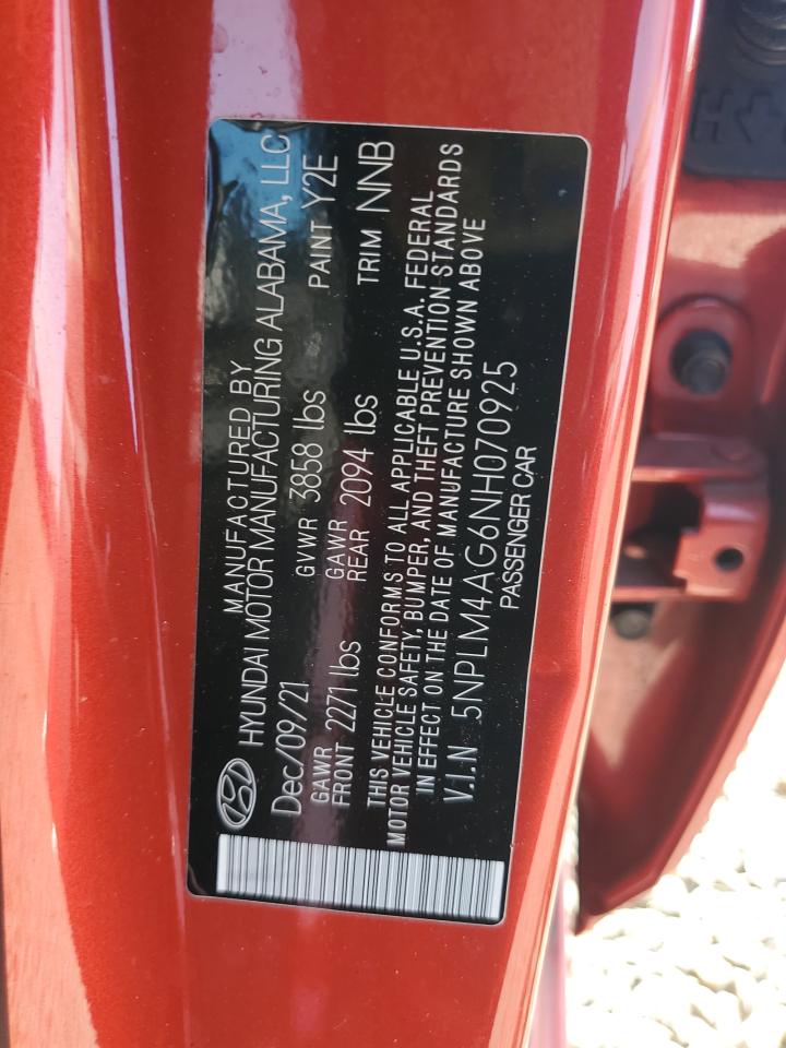 2022 HYUNDAI ELANTRA SEL VIN:5NPLM4AG6NH070925