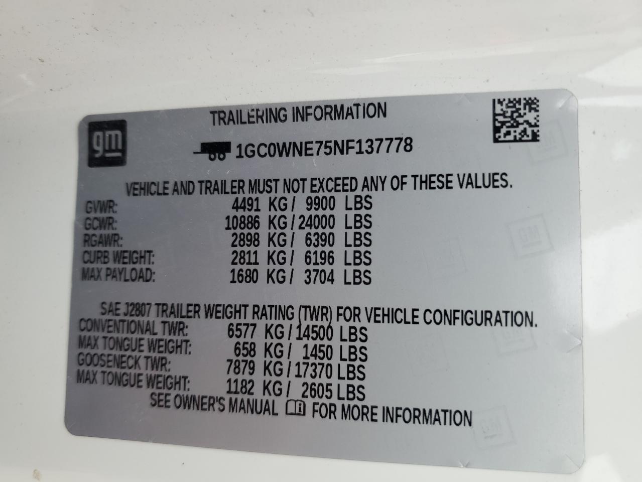 2022 CHEVROLET SILVERADO C2500 HEAVY DUTY LT VIN:1GC0WNE75NF137778