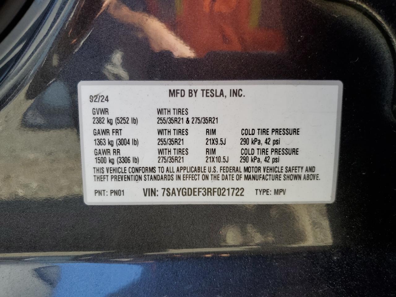 2024 TESLA MODEL Y  VIN:7SAYGDEF3RF021722