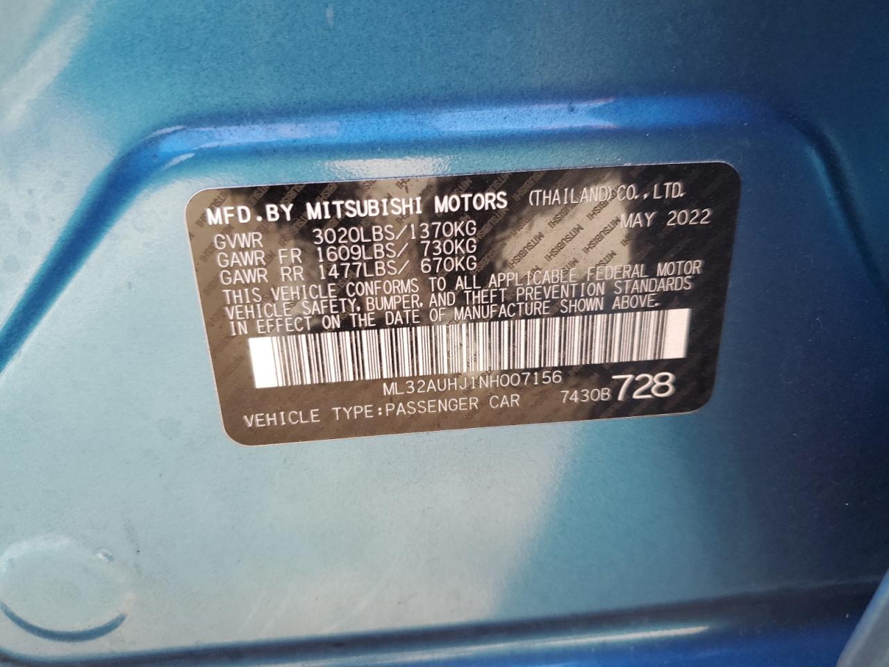 2022 MITSUBISHI MIRAGE ES VIN:ML32AUHJ1NH007156