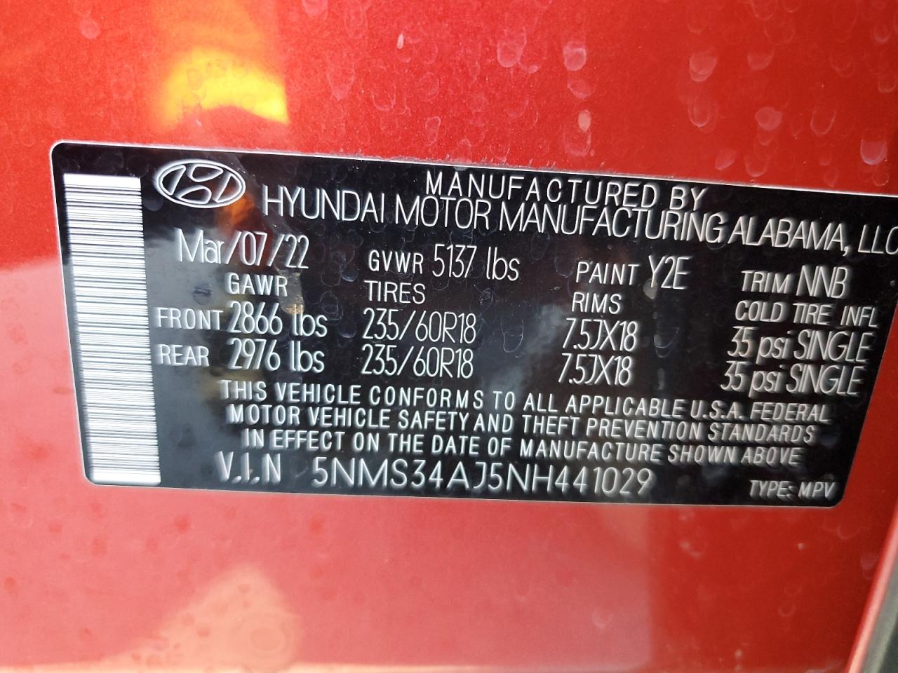 2022 HYUNDAI SANTA FE SEL VIN:5NMS34AJ5NH441029
