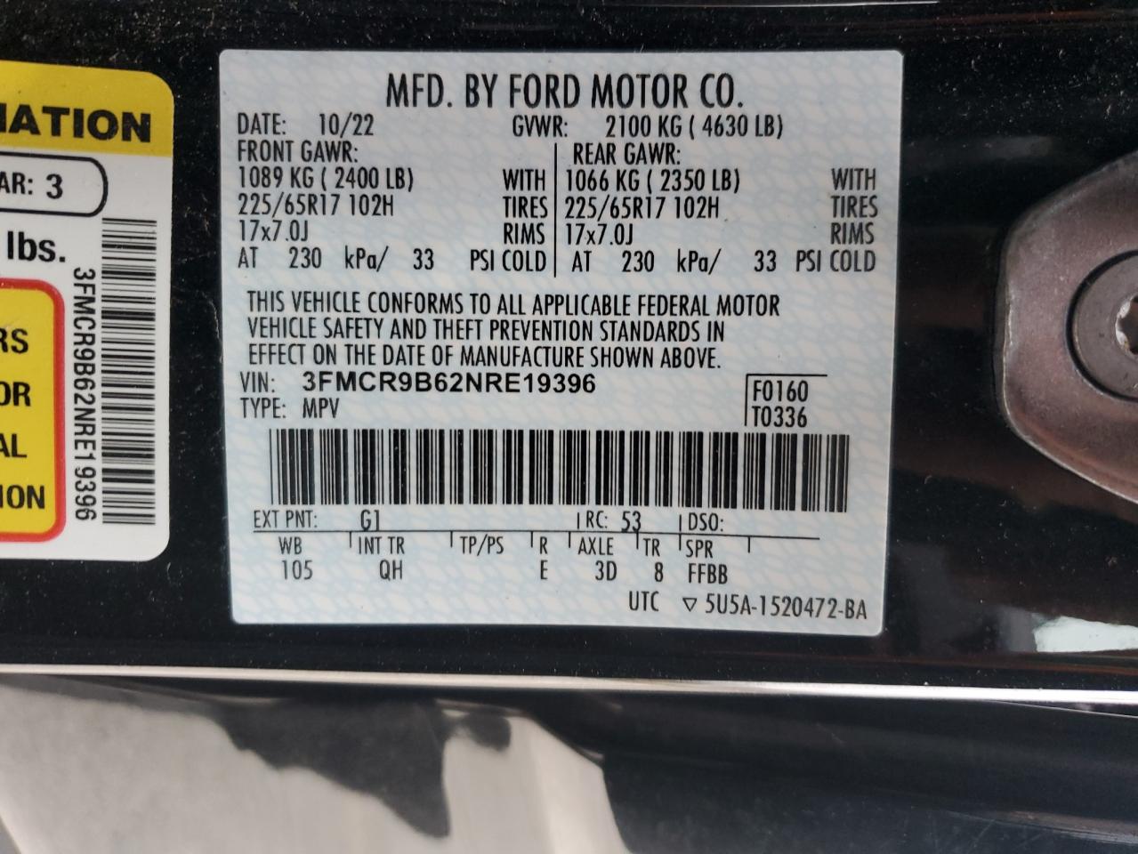 2022 FORD BRONCO SPORT BIG BEND VIN:3FMCR9B62NRE19396