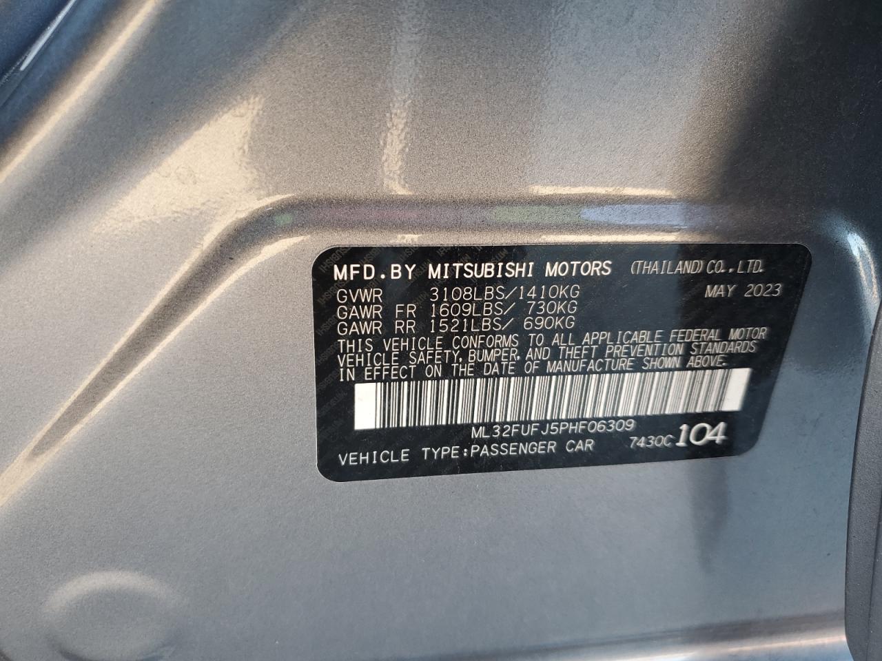 2023 MITSUBISHI MIRAGE G4 ES VIN:ML32FUFJ5PHF06309