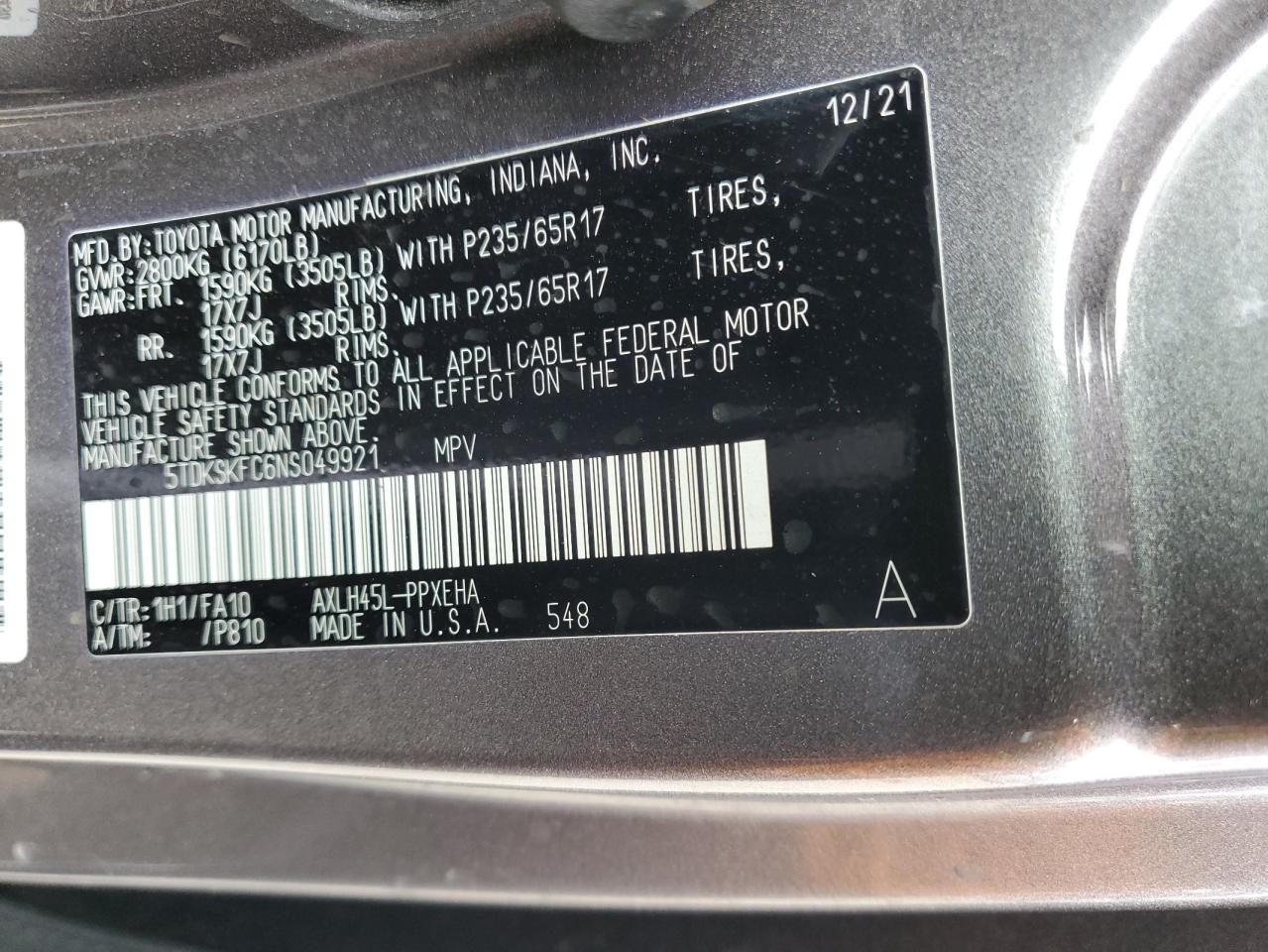 2022 TOYOTA SIENNA LE VIN:5TDKSKFC6NS049921