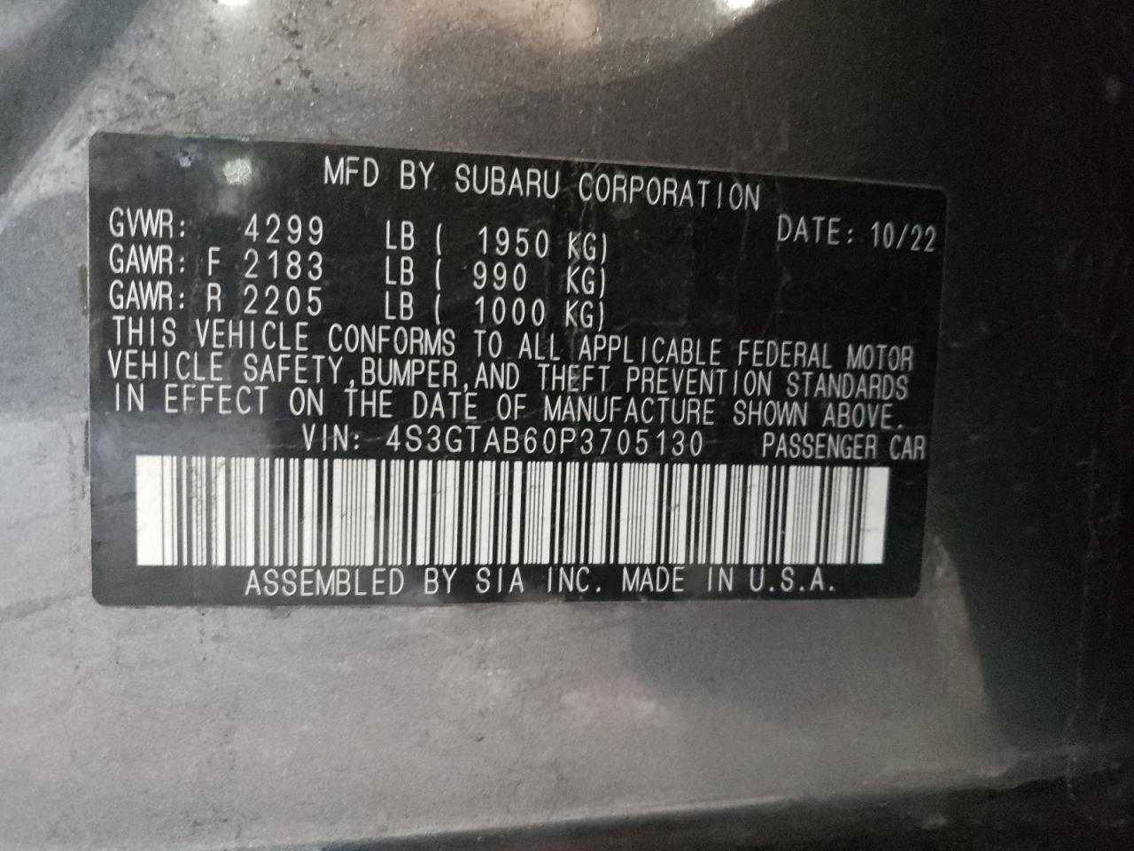 2023 SUBARU IMPREZA  VIN:4S3GTAB60P3705130