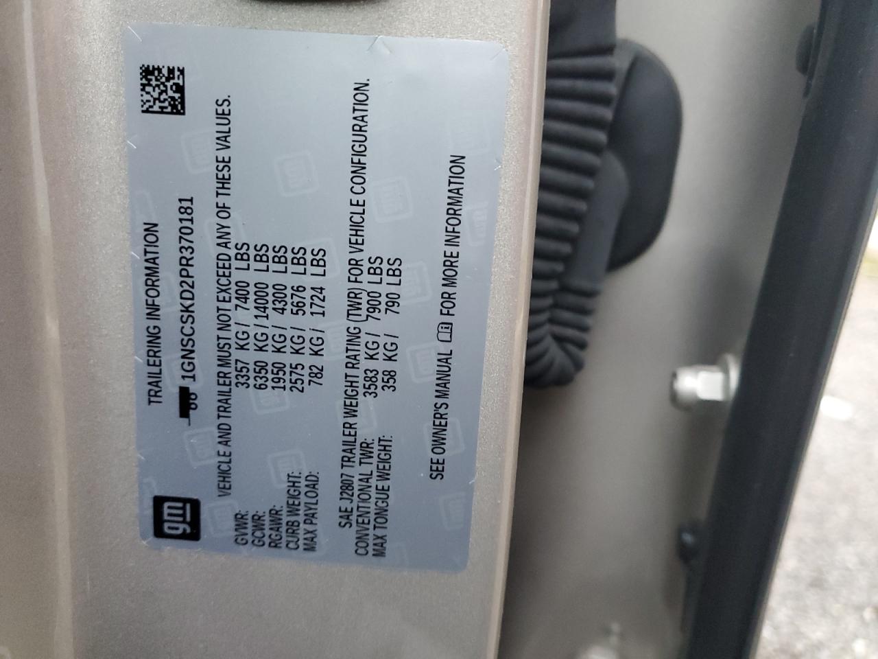 2023 CHEVROLET TAHOE C1500 PREMIER VIN:1GNSCSKD2PR370181