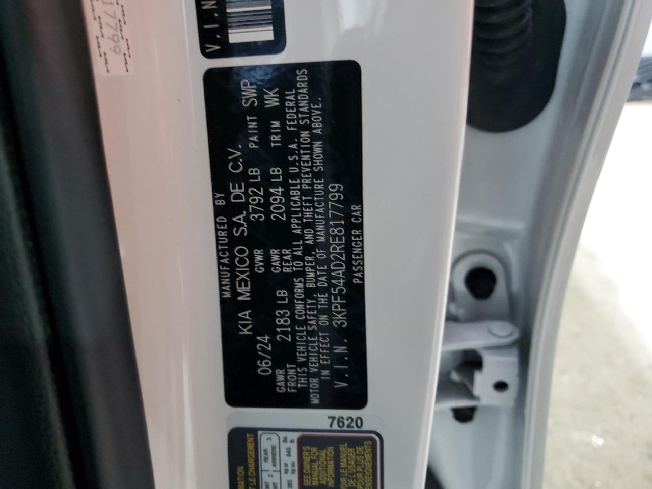 2024 KIA FORTE GT LINE VIN:3KPF54AD2RE817799