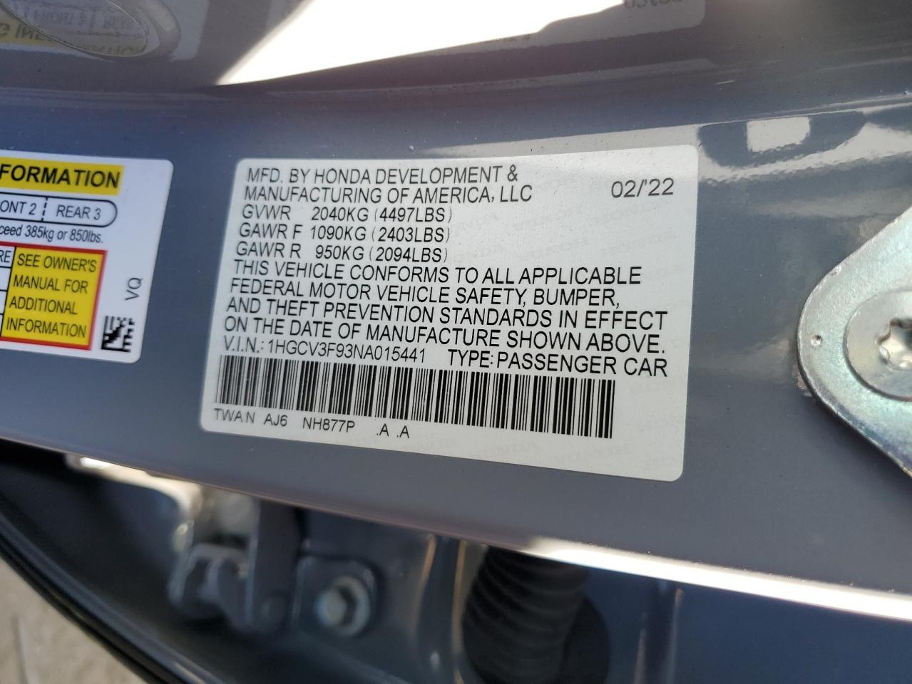 2022 HONDA ACCORD TOURING HYBRID VIN:1HGCV3F93NA015441