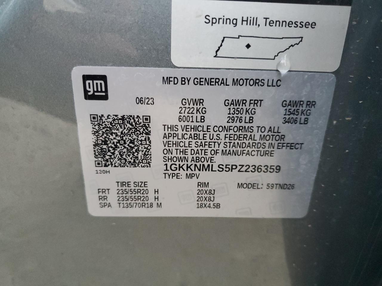 2023 GMC ACADIA SLT VIN:1GKKNMLS5PZ236359