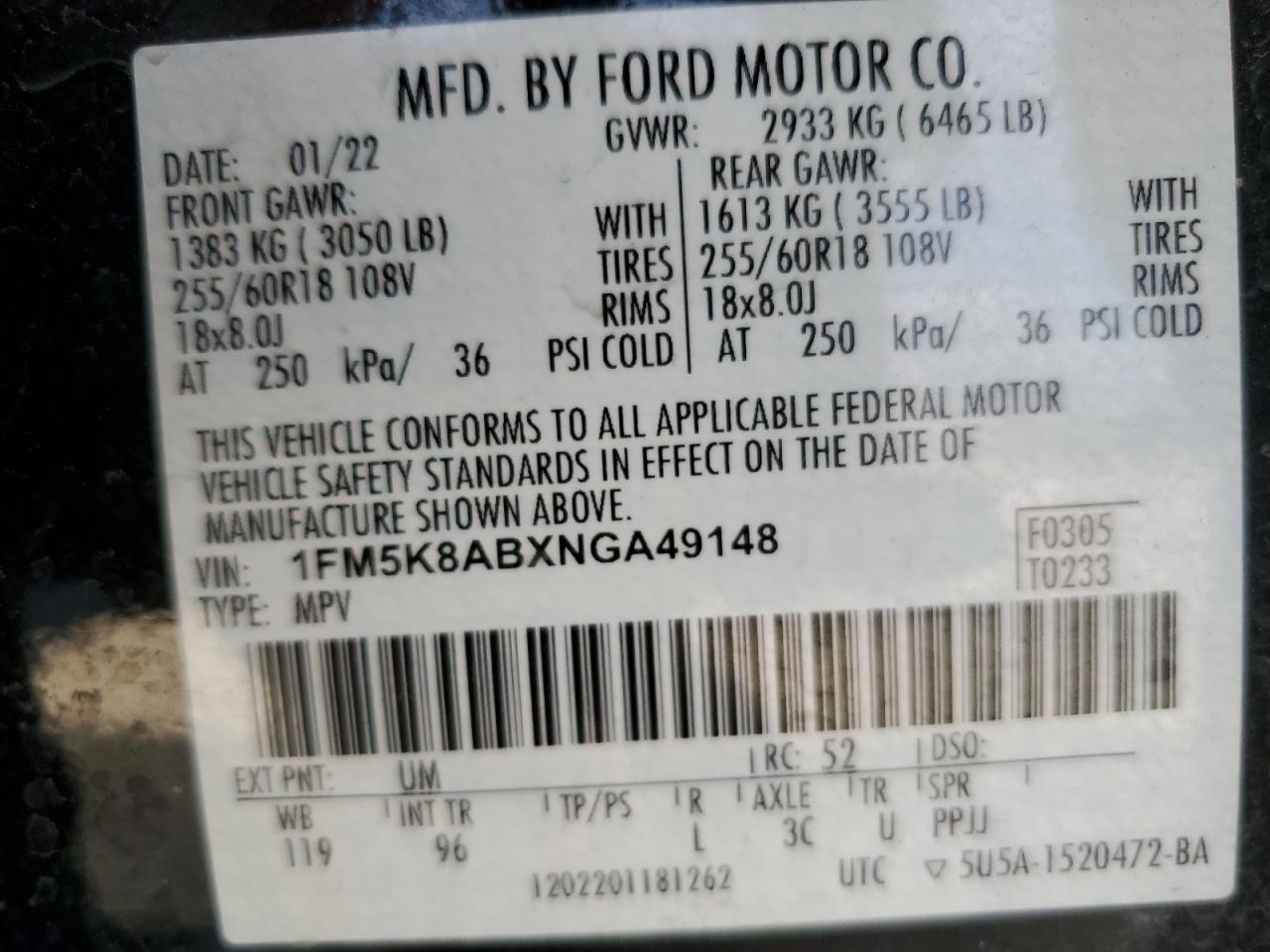 2022 FORD EXPLORER POLICE INTERCEPTOR VIN:1FM5K8ABXNGA49148