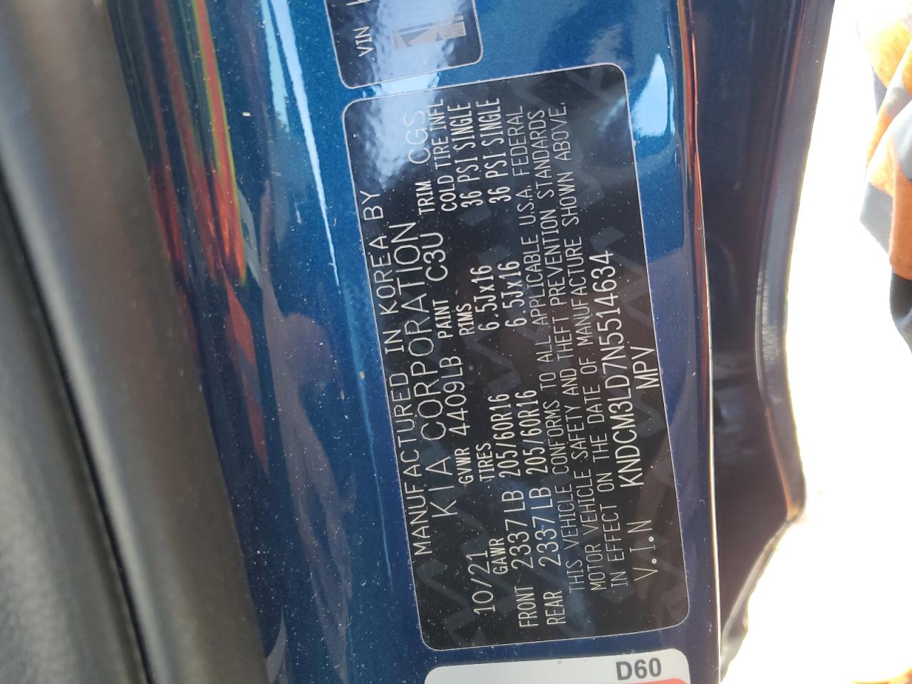 2022 KIA NIRO LXS VIN:KNDCM3LD7N5514634