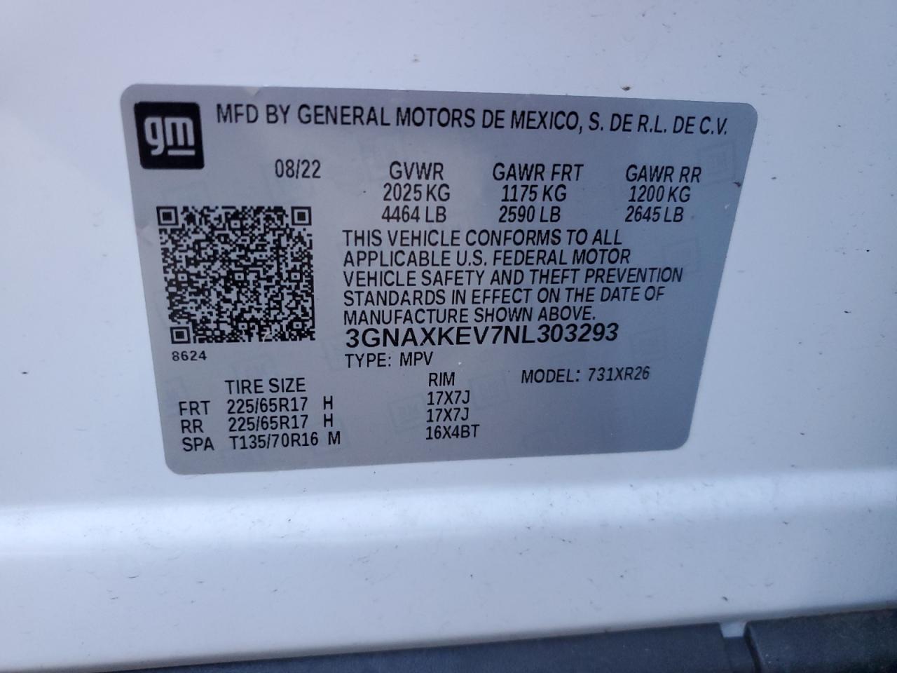 2022 CHEVROLET EQUINOX LT VIN:3GNAXKEV7NL303293