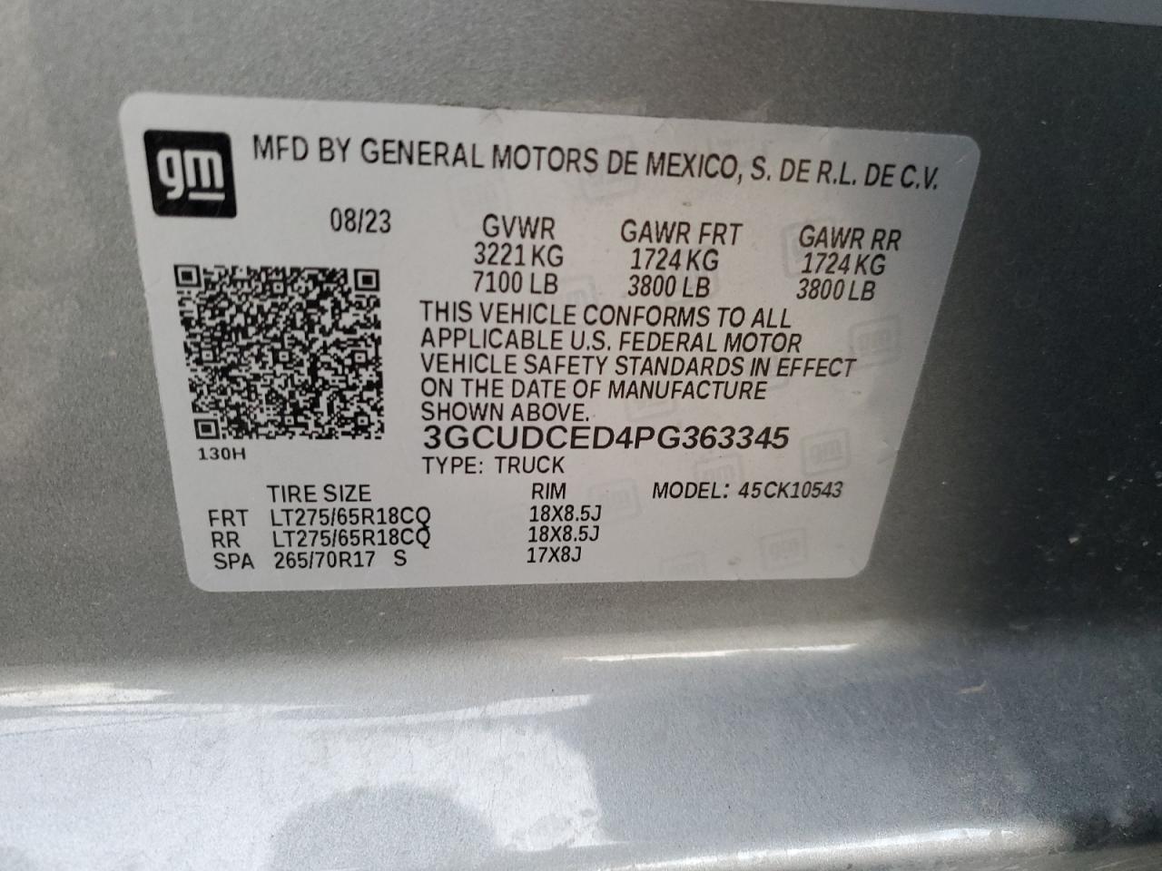 2023 CHEVROLET SILVERADO K1500 TRAIL BOSS CUSTOM VIN:3GCUDCED4PG363345