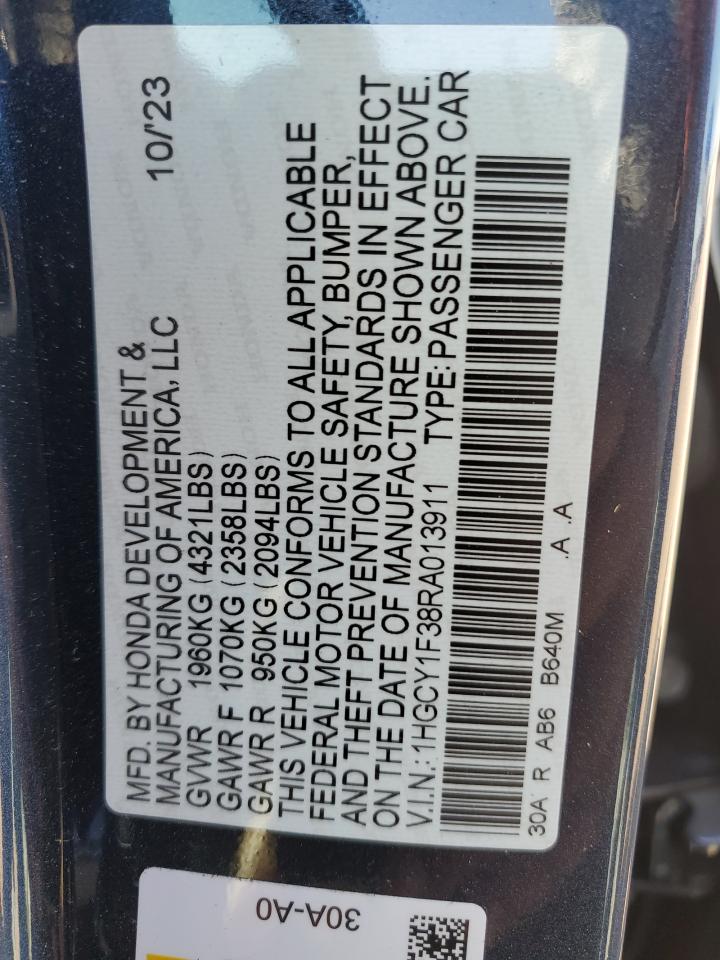 2024 HONDA ACCORD EX VIN:1HGCY1F38RA013911