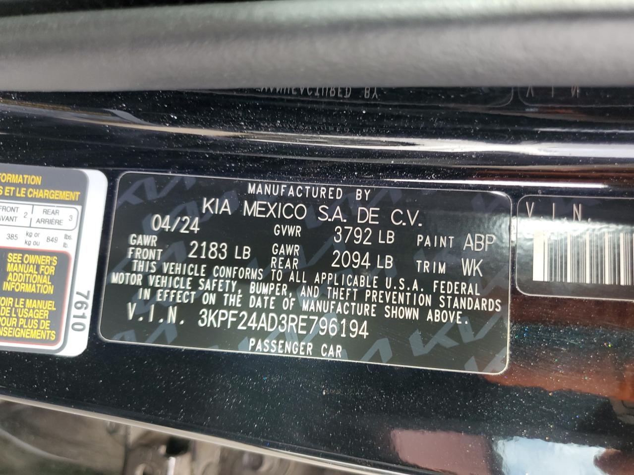 2024 KIA FORTE LX VIN:3KPF24AD3RE796194