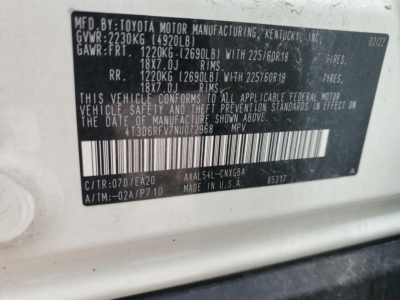2022 TOYOTA RAV4 LIMITED VIN:4T3D6RFV7NU072968