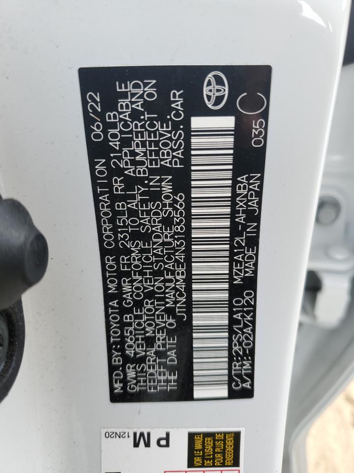 2022 TOYOTA COROLLA XSE VIN:JTNC4MBE4N3183566