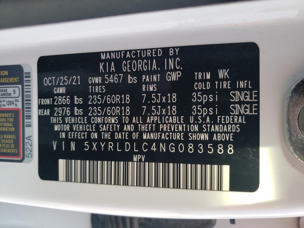 2022 KIA SORENTO S VIN:5XYRLDLC4NG083588
