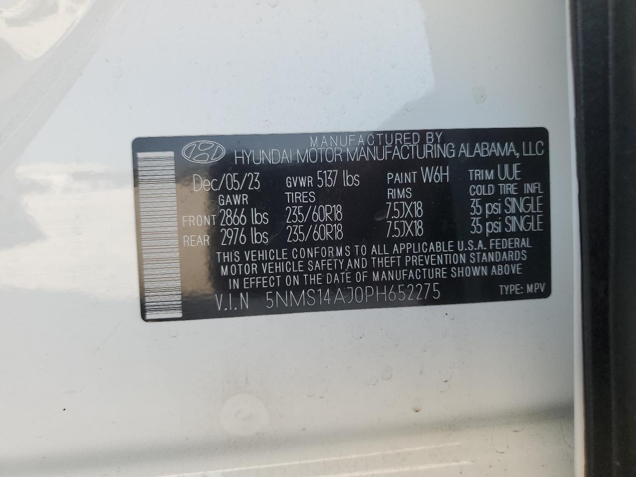 2023 HYUNDAI SANTA FE SE VIN:5NMS14AJ0PH652275