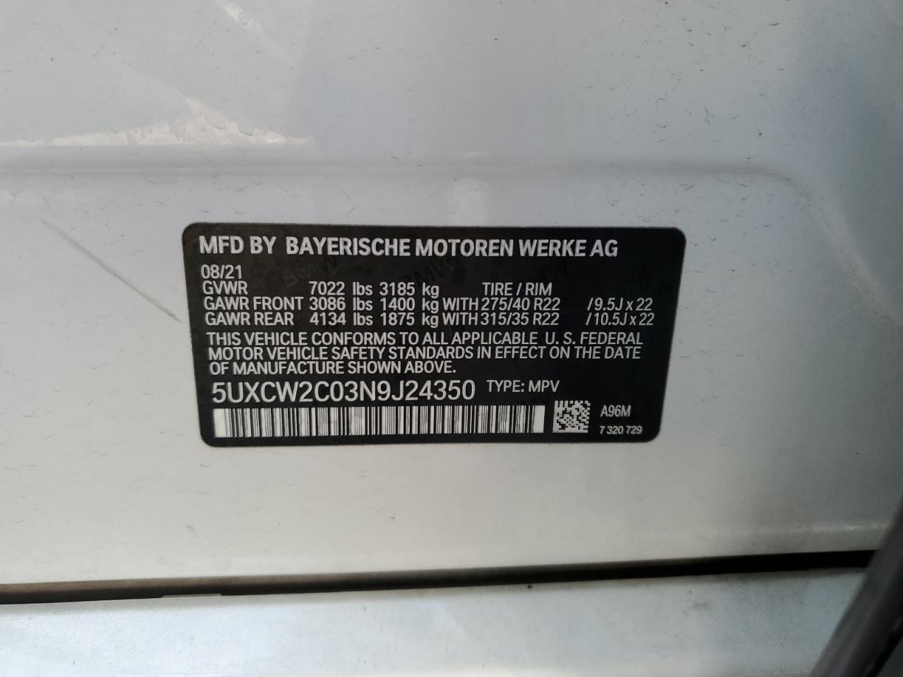 2022 BMW X7 XDRIVE40I VIN:5UXCW2C03N9J24350