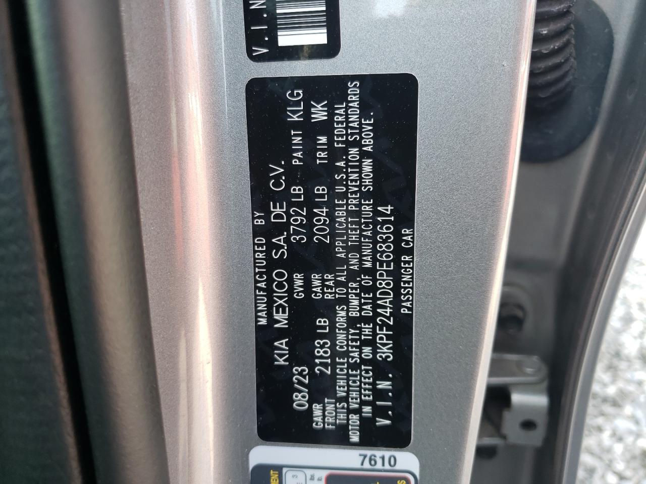 2023 KIA FORTE LX VIN:3KPF24AD8PE683614
