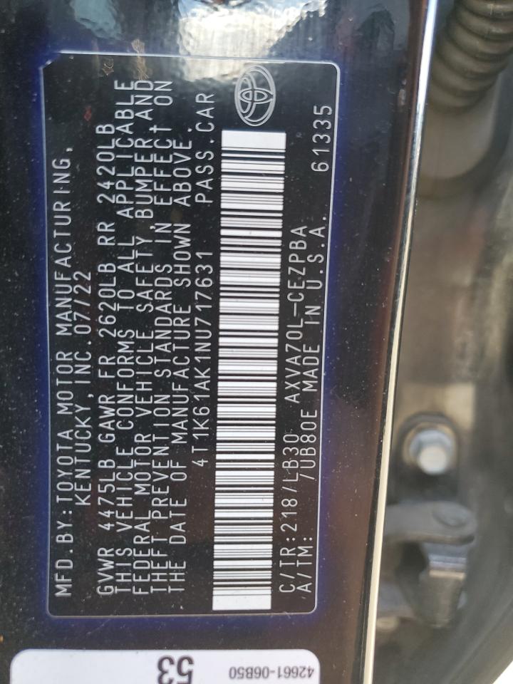 2022 TOYOTA CAMRY XSE VIN:4T1K61AK1NU717631