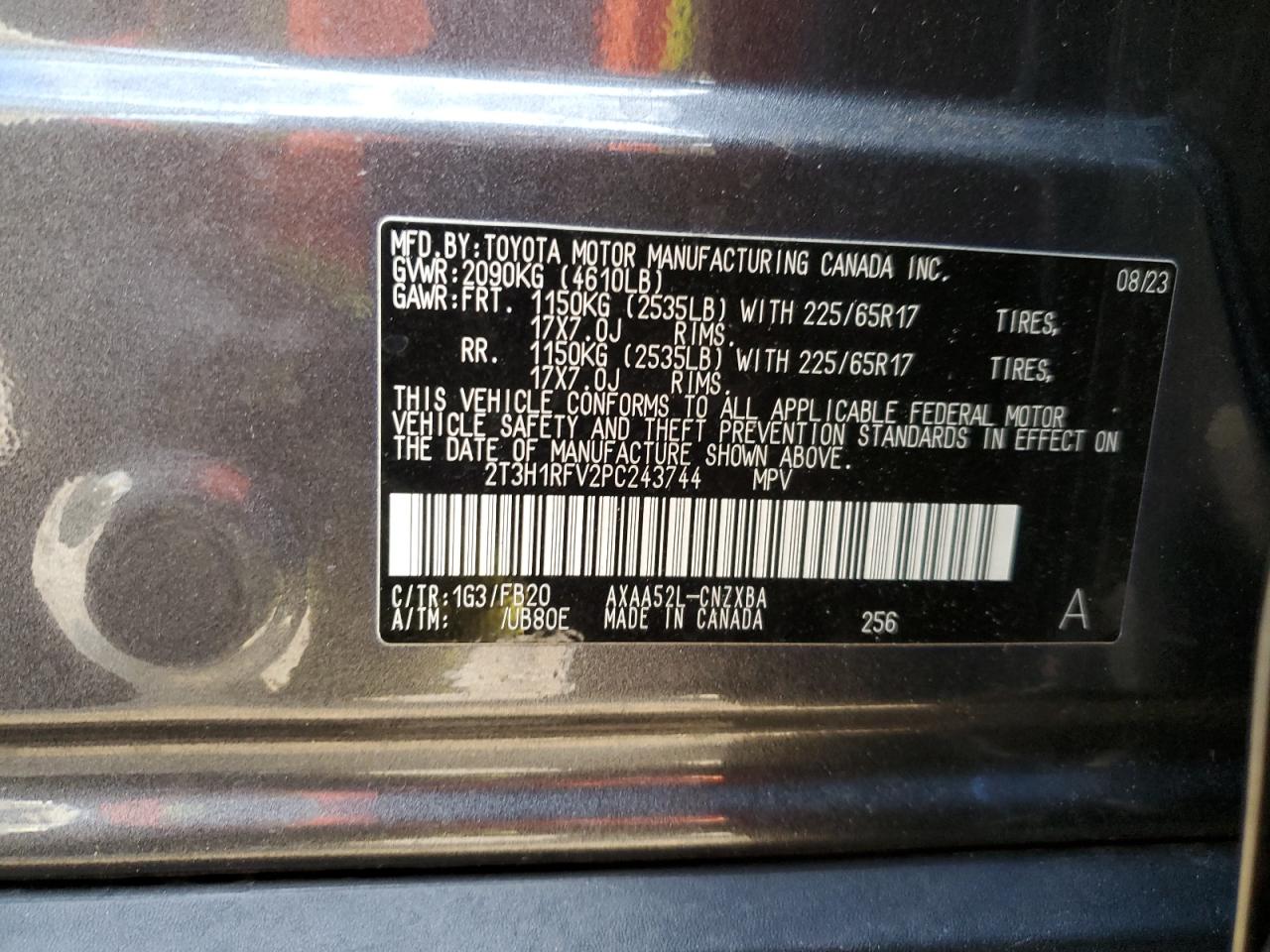 2023 TOYOTA RAV4 LE VIN:2T3H1RFV2PC243744