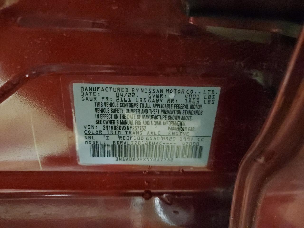 2022 NISSAN SENTRA SR VIN:3N1AB8DVXNY257752