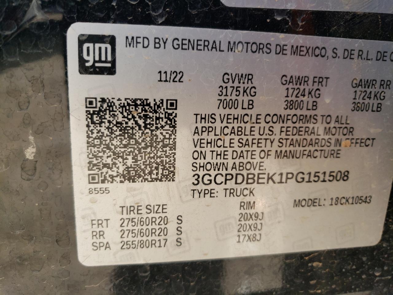 2023 CHEVROLET SILVERADO K1500 CUSTOM VIN:3GCPDBEK1PG151508