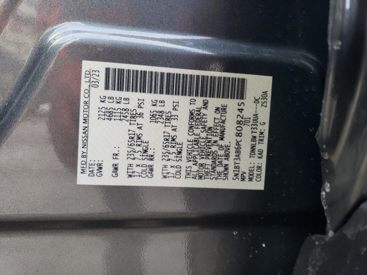 2023 NISSAN ROGUE S VIN:5N1BT3AB6PC808245