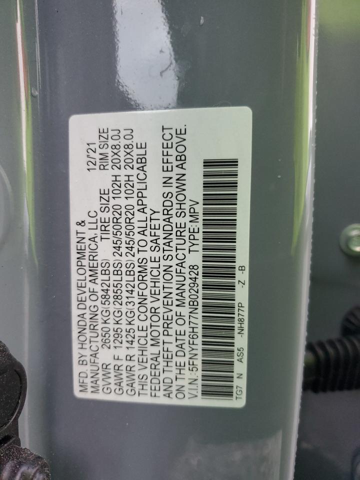 2022 HONDA PILOT BLACK VIN:5FNYF6H77NB029428