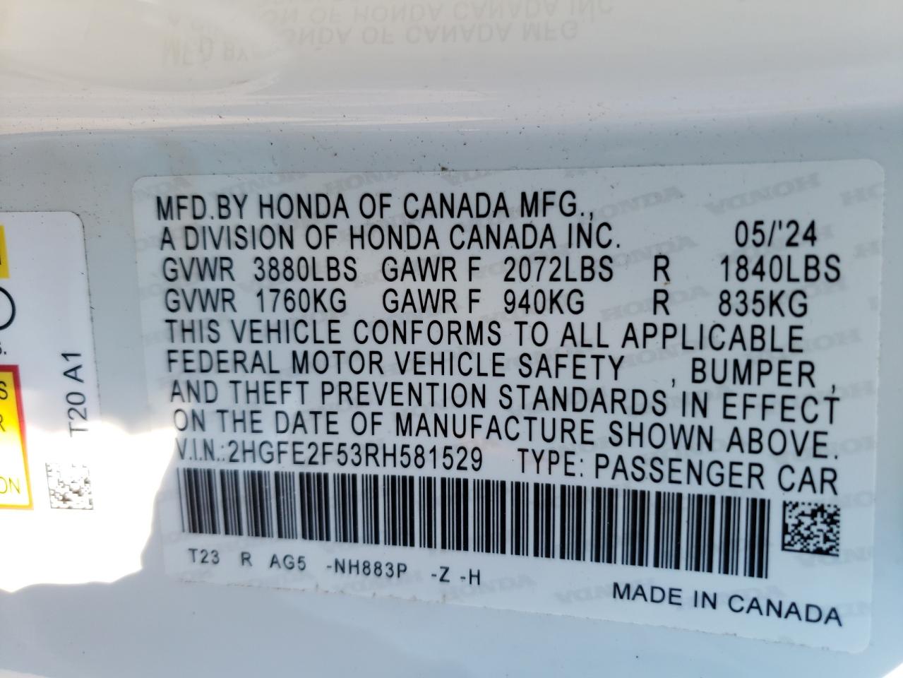 2024 HONDA CIVIC SPORT VIN:2HGFE2F53RH581529