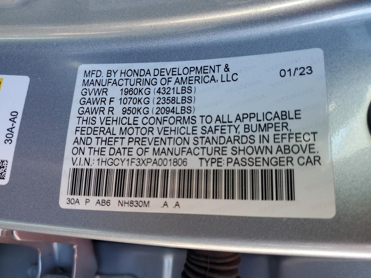 2023 HONDA ACCORD EX VIN:1HGCY1F3XPA001806