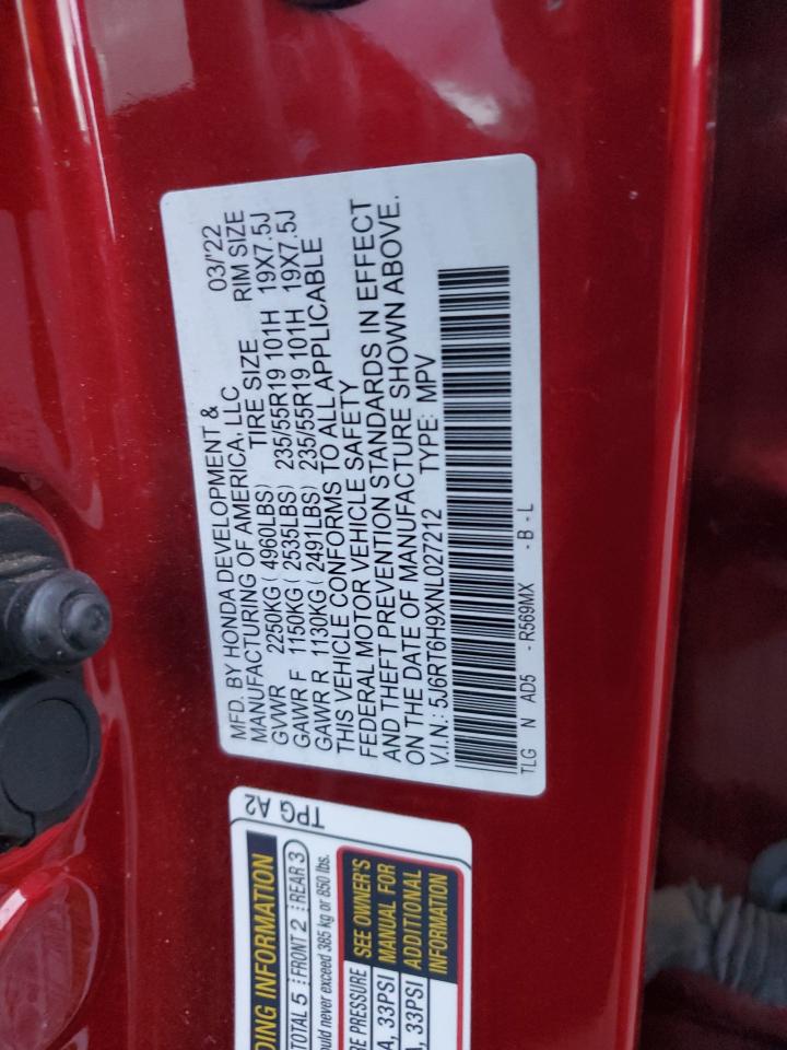 2022 HONDA CR-V TOURING VIN:5J6RT6H9XNL027212